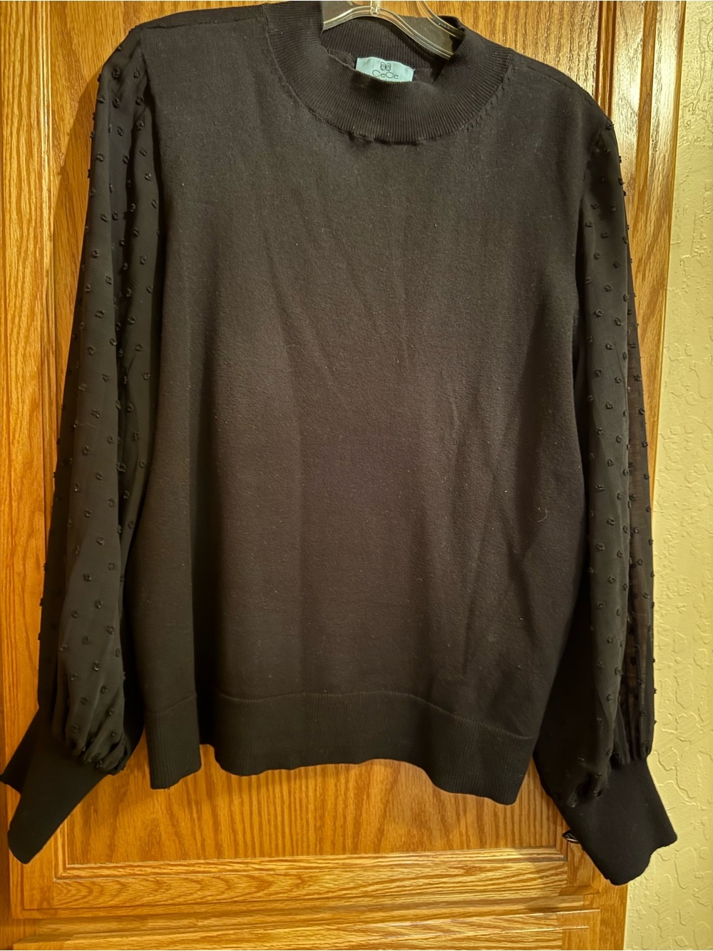 Cece Black Crewneck Sweater with Textured Puff Sleeves - Women’s Large